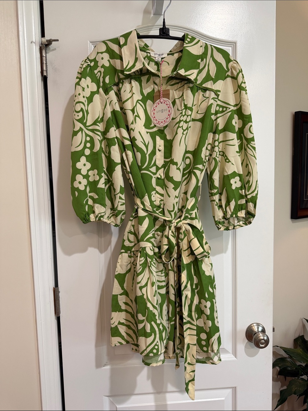 Umgee Green and Cream Floral Tie-Waist Dress